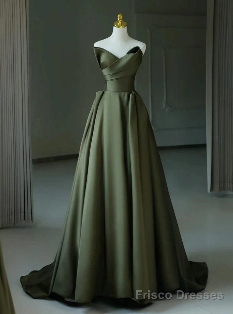Green Satin Strapless Pleats Prom Dress Main image