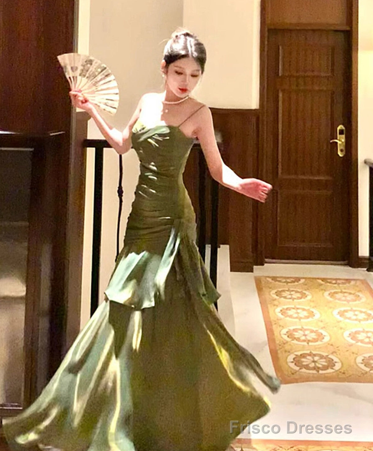 Green Satin Straps Long Layers Evening Dress, Green Satin Long Party Dress Prom Dress Secondary image