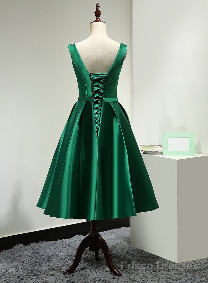 Green Satin Tea Length Bridesmaid Dress, Lovely Green Homecoming Dress Secondary image