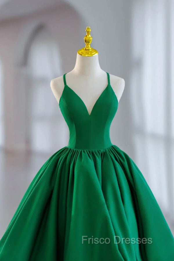 Green Satin Tea-Length Straps Formal Prom Dress, Spaghetti Straps Homecoming Gown