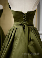 Green Satin V-Neckline Lace-Up Long Wedding Party Dress, Green Formal Dress