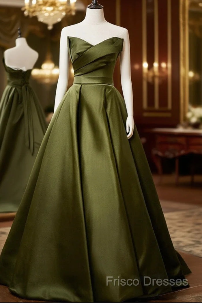 Green Satin V-Neckline Lace-Up Long Wedding Party Dress, Green Formal Dress