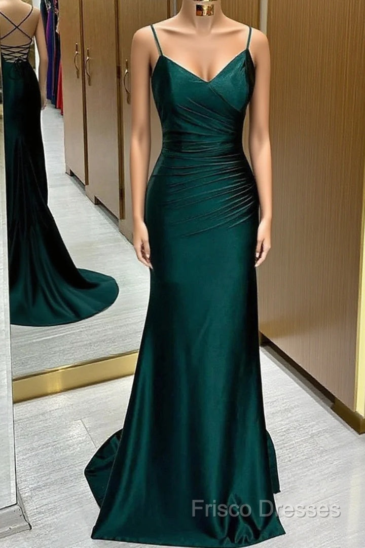 Green Satin V-Neckline Mermaid Straps Formal Gown, Green Satin Formal Prom Dress Main image
