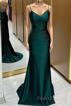 Green Satin V-Neckline Mermaid Straps Formal Gown, Green Satin Formal Prom Dress
