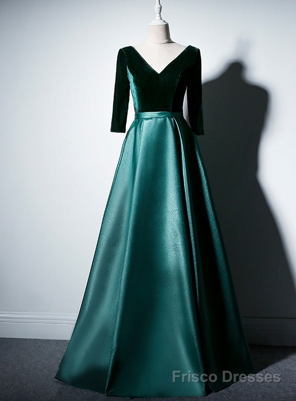 Green Satin Velvet Long Sleeve V-neck prom Dress