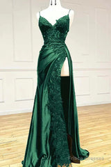 Green Satin With Lace Straps Long Evening Dress Prom Dress, Green Satin Party Dres