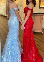 Green Sequin Lace Off the Shoulder Mermaid Prom Dress
