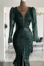 Green Sequin V Neck Mermaid Formal Prom Dress