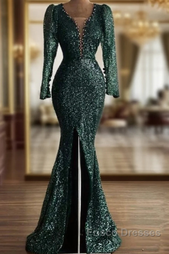 Green Sequin V Neck Mermaid Formal Prom Dress Main image