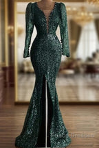 Green Sequin V Neck Mermaid Formal Prom Dress