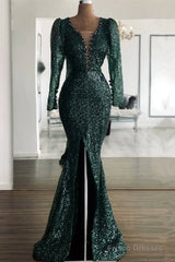 Green Sequin V Neck Mermaid Prom Dresses