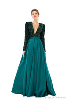 Sequined Satin A Line Front Slit V Neck Full Sleeve Sweep Train Long Prom Dresses