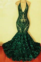 Green Sequinned Lace Rosette Mermaid Dresses