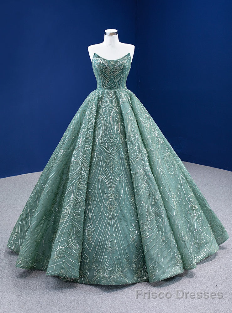 Green Sequins Appliques Strapless Prom Dress