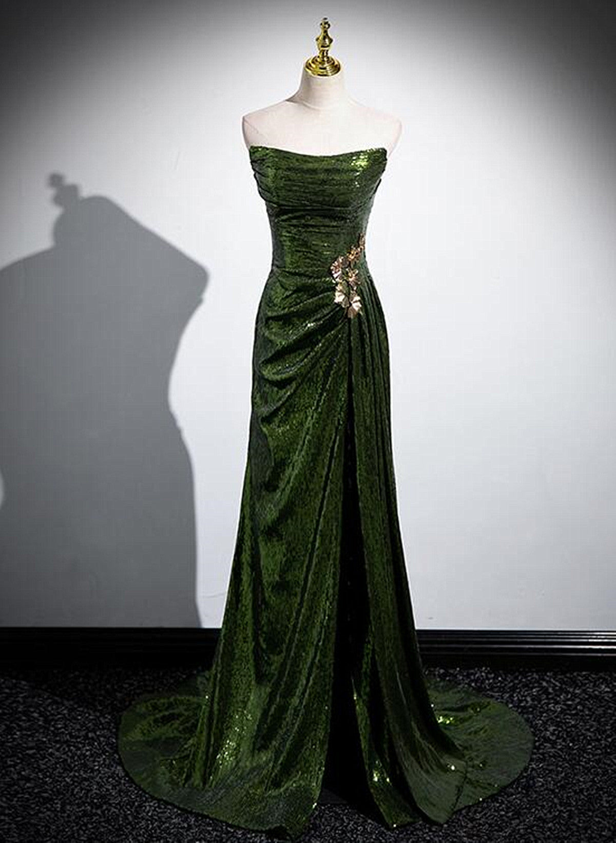 Green Sequins Long Mermaid Prom Dress, Green Lace-Up Party Dress With Slit Main image