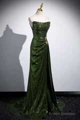 Green Sequins Long Mermaid Prom Dress, Green Lace-Up Party Dress With Slit