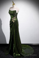 Green Sequins Long Mermaid Prom Dress, Green Lace-Up Party Dress With Slit