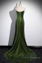 Green Sequins Long Mermaid Formal Prom Dress, Green Lace-Up Party Dress With Slit