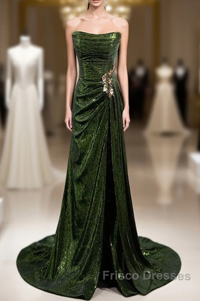 Green Sequins Long Mermaid Formal Prom Dress, Green Lace-Up Party Dress With Slit