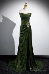 Green Sequins Long Mermaid Prom Dress, Green Lace-Up Party Dress With Slit