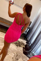 Green Sequins One Shoulder Tight Homecoming Dress