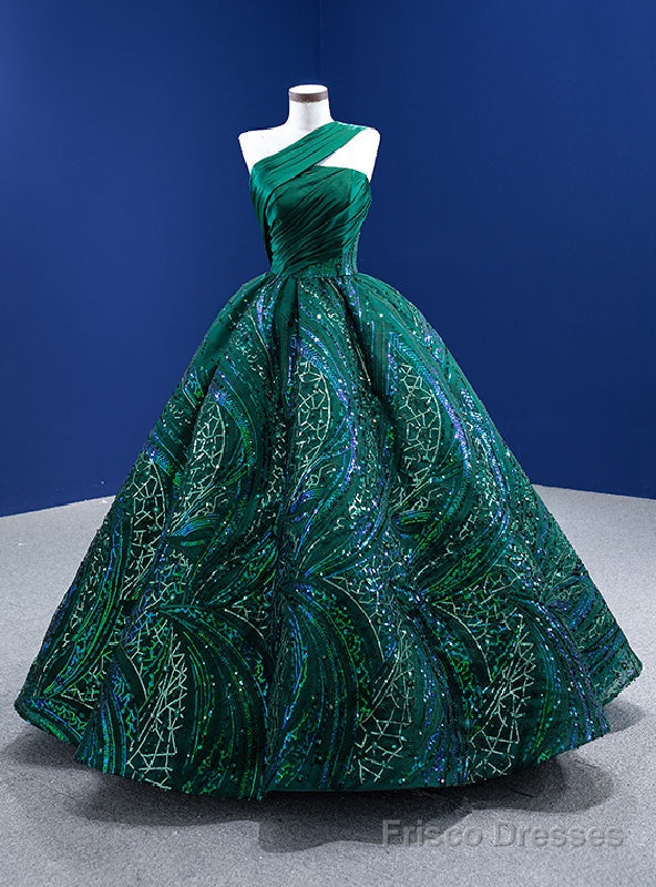 Green Sequins Satin One Shoulder Pleats Prom Dress Main image