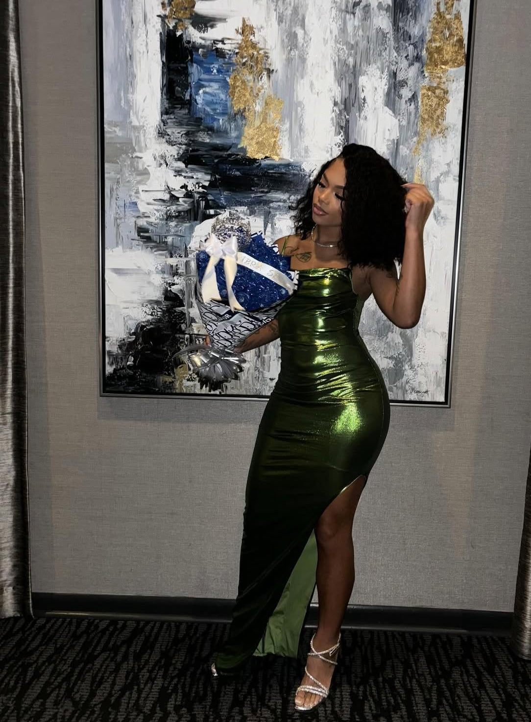 Green Sheath Long Prom Dresses With Slit Black Girl Evening Dress