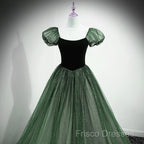 Green Shiny Tulle Short Sleevse Long Formal Dress, Green A-Line Formal Prom Dress Party Dress