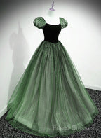 Green Shiny Tulle Short Sleevse Long Formal Dress, Green A-Line Formal Prom Dress Party Dress