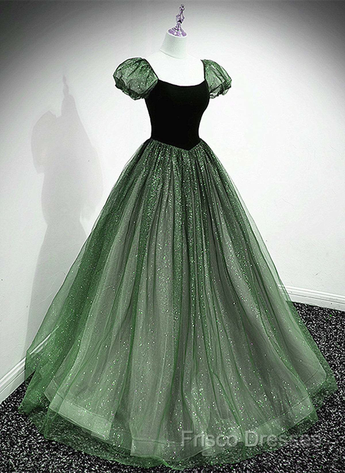 Green Shiny Tulle Short Sleevse Long Formal Dress, Green A-Line Formal Prom Dress Party Dress