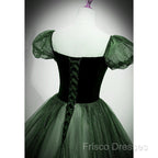 Green Shiny Tulle Short Sleevse Long Formal Dress, Green A-Line Formal Prom Dress Party Dress