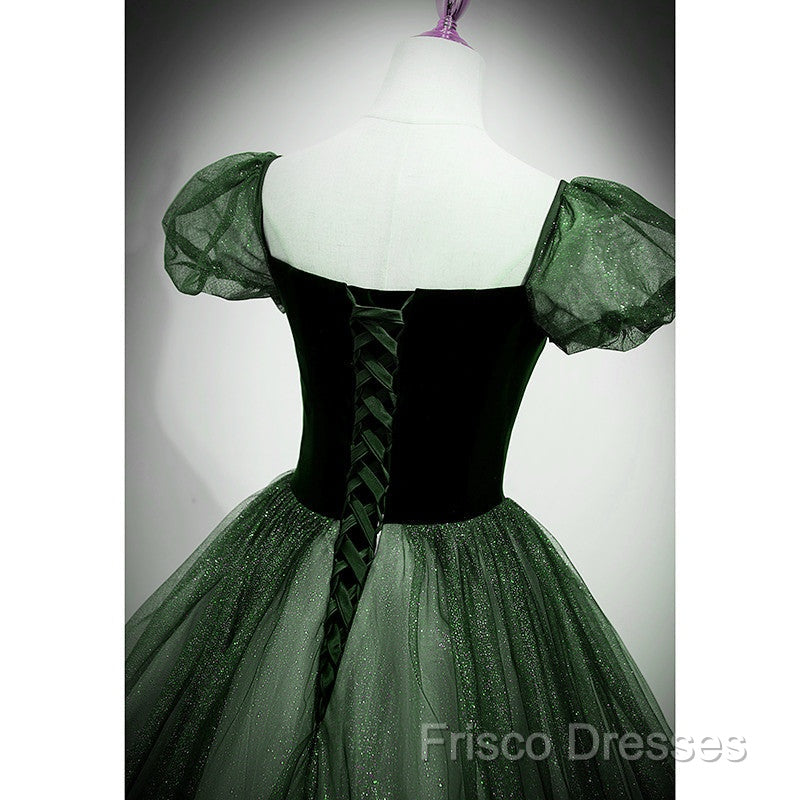 Green Shiny Tulle Short Sleevse Long Formal Dress, Green A-Line Formal Prom Dress Party Dress