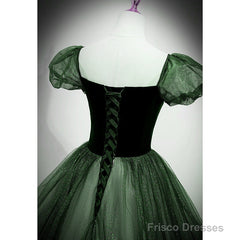 Green Shiny Tulle Short Sleevse Long Formal Dress, Green A-Line Prom Dress Party Dress
