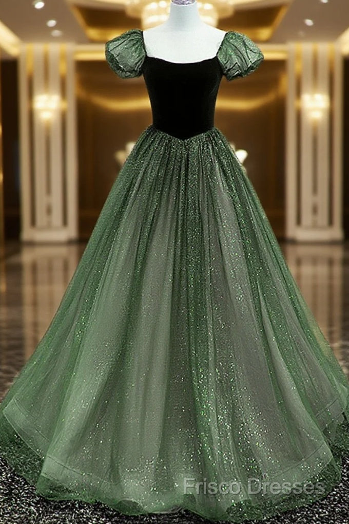 Green Shiny Tulle Short Sleevse Long Formal Dress, Green A-Line Formal Prom Dress Party Dress Main image