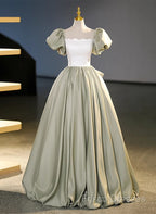 Green Short Sleeves Ball Gown Satin Long Party Dress, Green Long Formal Dress