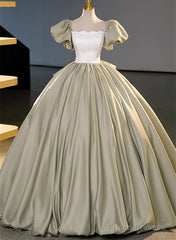 Green Short Sleeves Ball Gown Satin Long Party Dress, Green Long Formal Dress