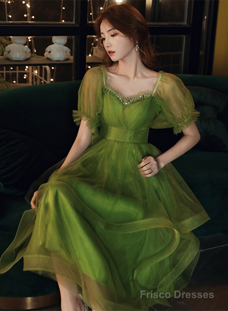 Green Short Sleeves Tulle Tea Length Wedding Party Dress, Green Prom Dress