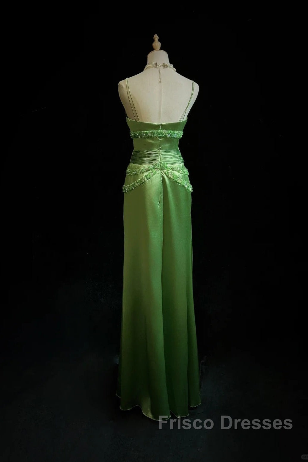 Green Spaghetti Strap Sheath Satin Beaded Formal Prom Dress Evening Gown Secondary image