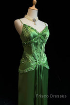 Green Spaghetti Strap Sheath Satin Beaded Formal Prom Dress Evening Gown