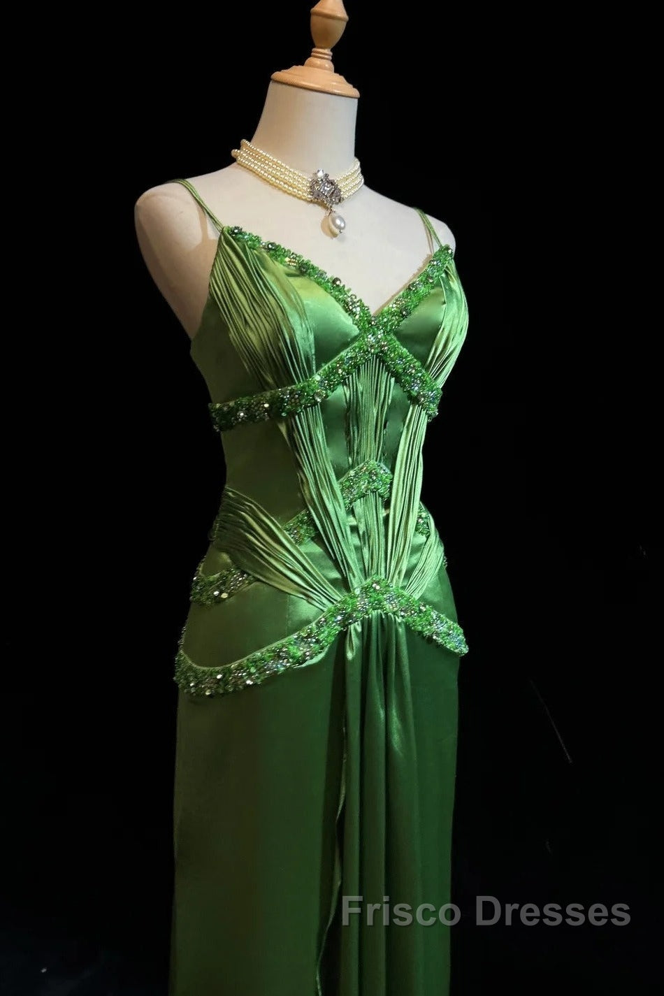 Green Spaghetti Strap Sheath Satin Beaded Formal Prom Dress Evening Gown