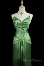 Green Spaghetti Strap Sheath Satin Beaded Formal Prom Dress Evening Gown