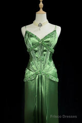 Green Spaghetti Strap Sheath Satin Beaded Prom Dress Evening Gown