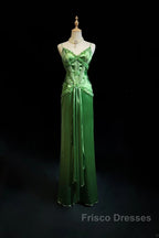 Green Spaghetti Strap Sheath Satin Beaded Formal Prom Dress Evening Gown
