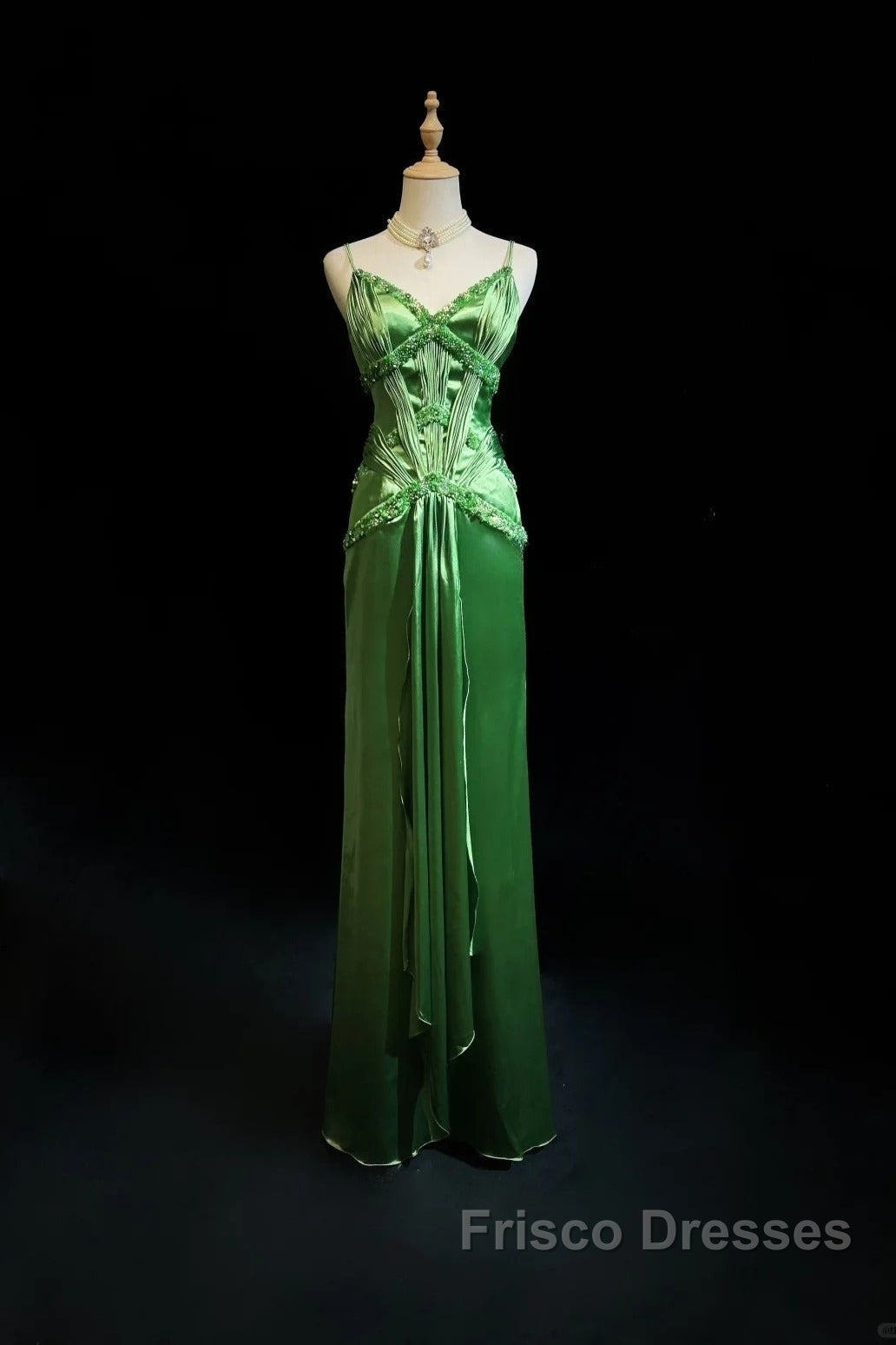 Green Spaghetti Strap Sheath Satin Beaded Formal Prom Dress Evening Gown