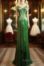 Green Spaghetti Strap Sheath Satin Beaded Formal Prom Dress Evening Gown