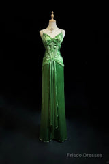 Green Spaghetti Strap Sheath Satin Beaded Prom Dress Evening Gown
