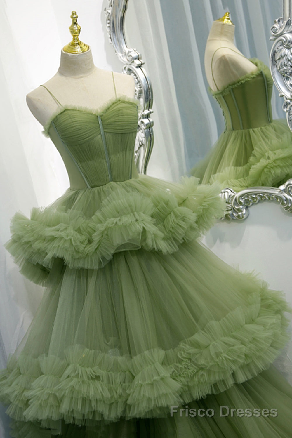 Green Spaghetti Straps Tulle Layers Long Formal Dress, Green Evening Party Dress Secondary image