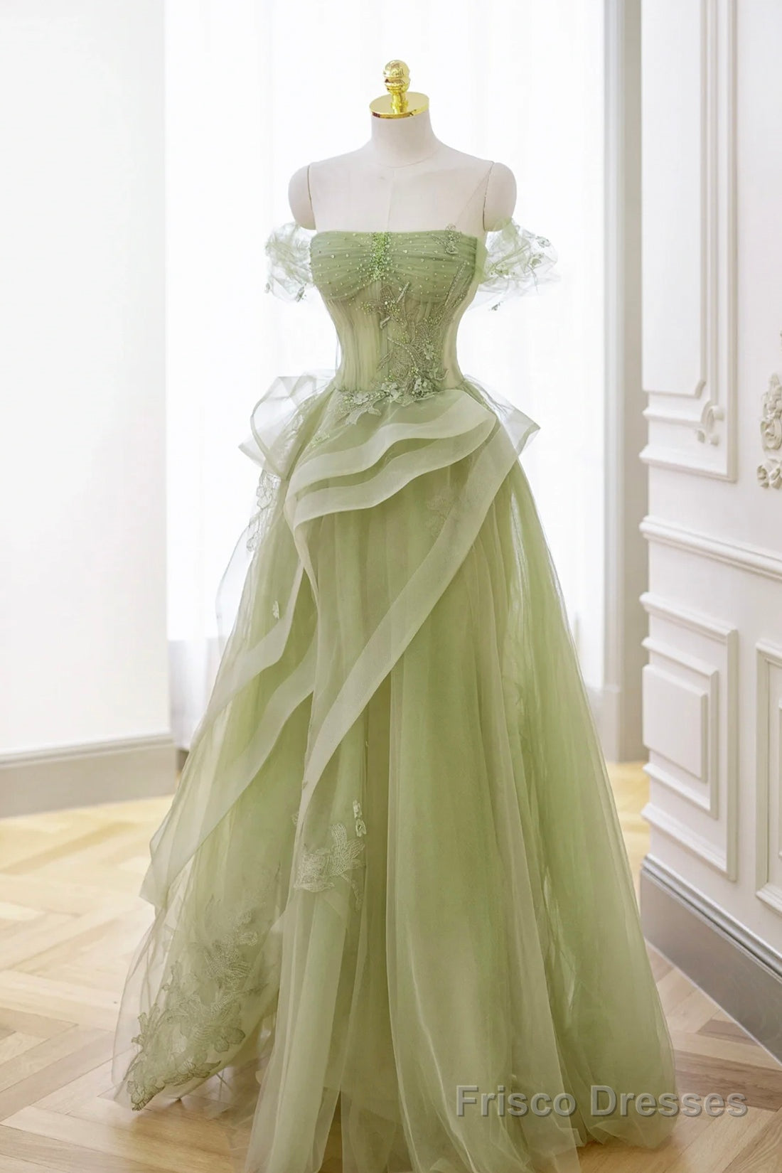 Green Strapless Prom Dress Off the Shoulder A Line Lace Printed Dress Main image