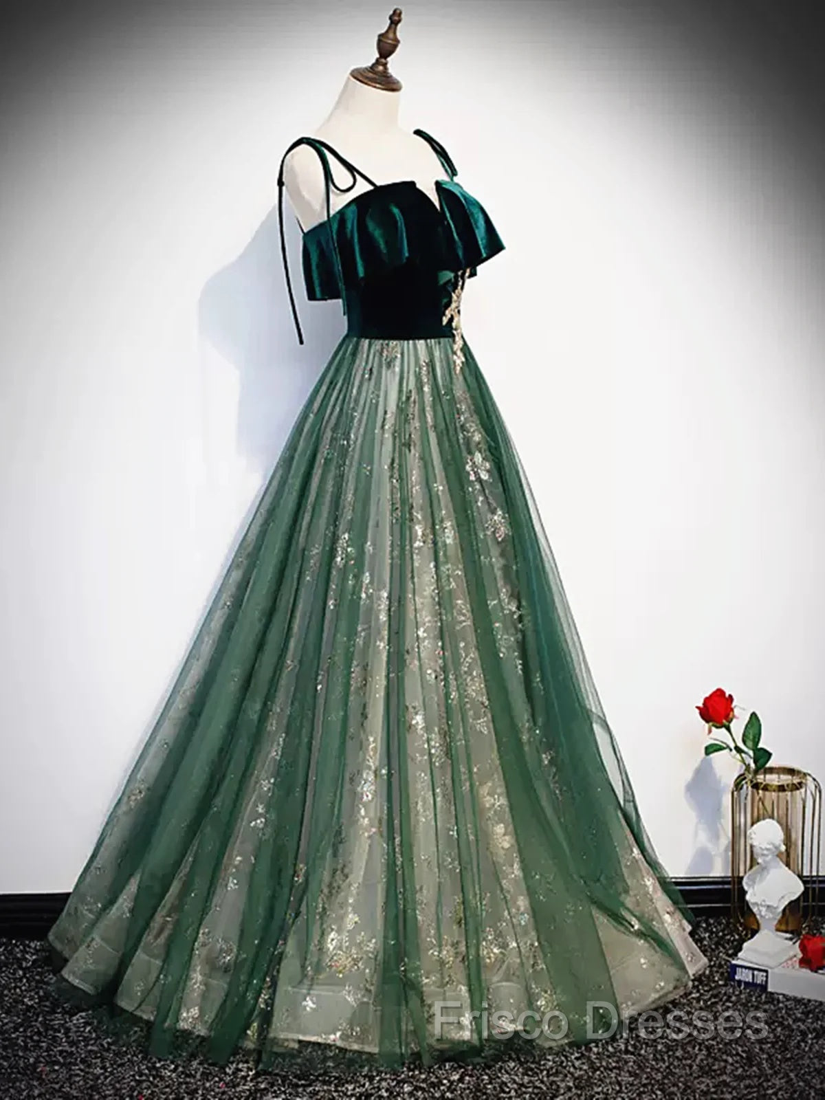 Green Straps Velvet Long Lace Formal Prom Dress Secondary image