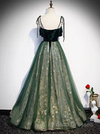 Green Straps Velvet Long Lace Formal Prom Dress